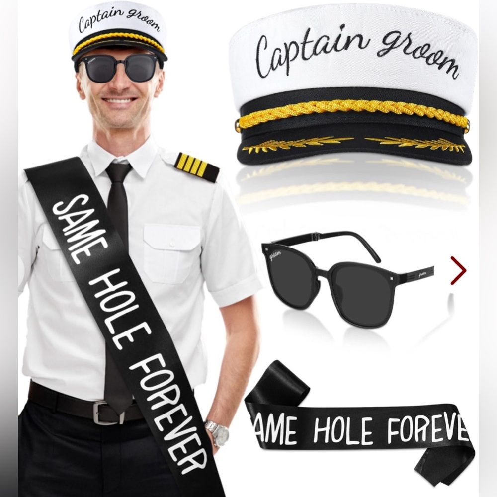 3Pcs Bachelor Party Accessories For Groom Includes Captain Hat glasses sash